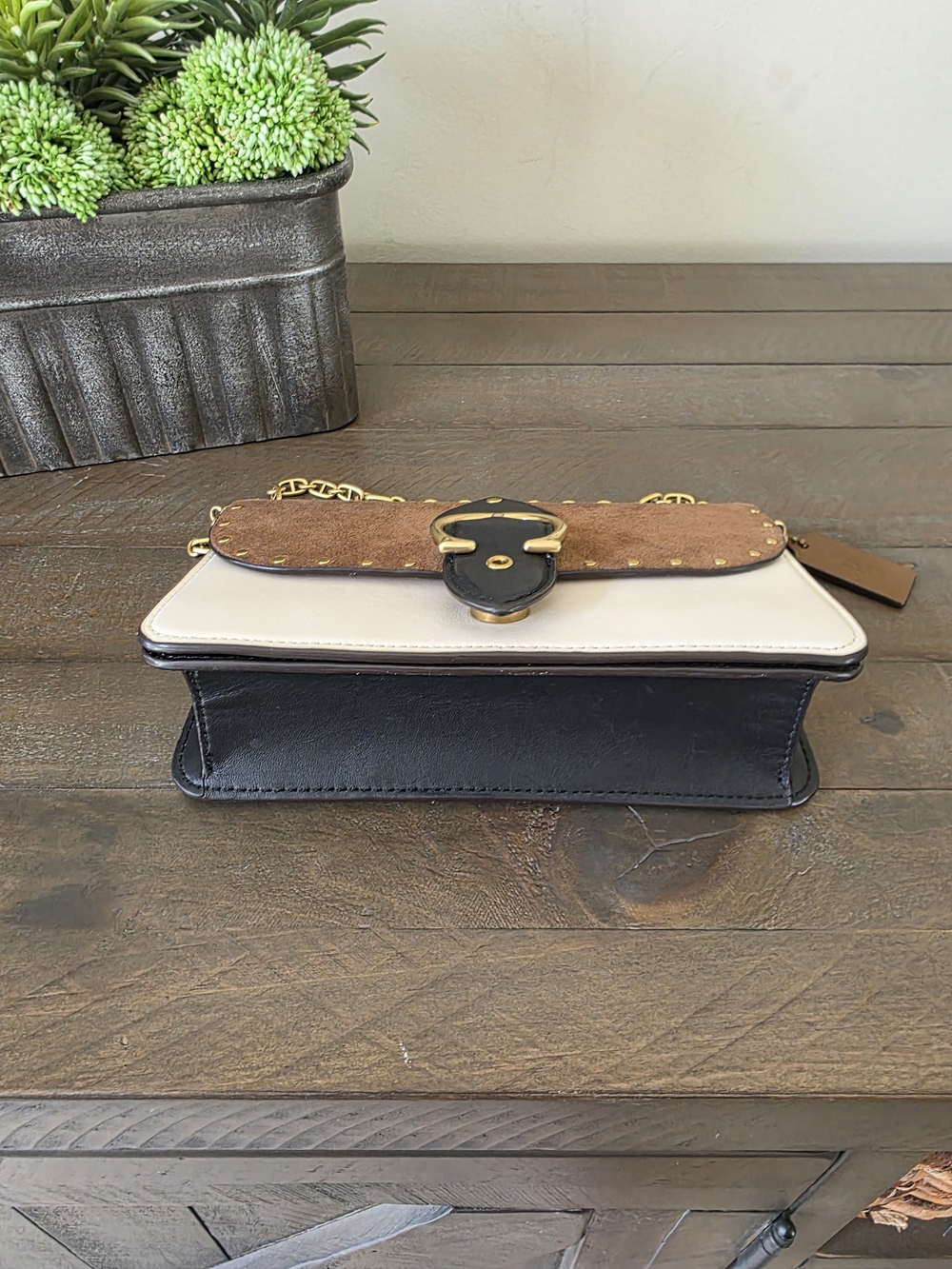 Coach Beat Crossbody Clutch Brown Suede White Leather Rivet Chain Strap - Picture 10 of 16
